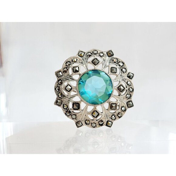 SOLD -Sterling Silver Vintage 925 Stamped Natural Marcasite & Acquamarine Brooch - Picture 2 of 9